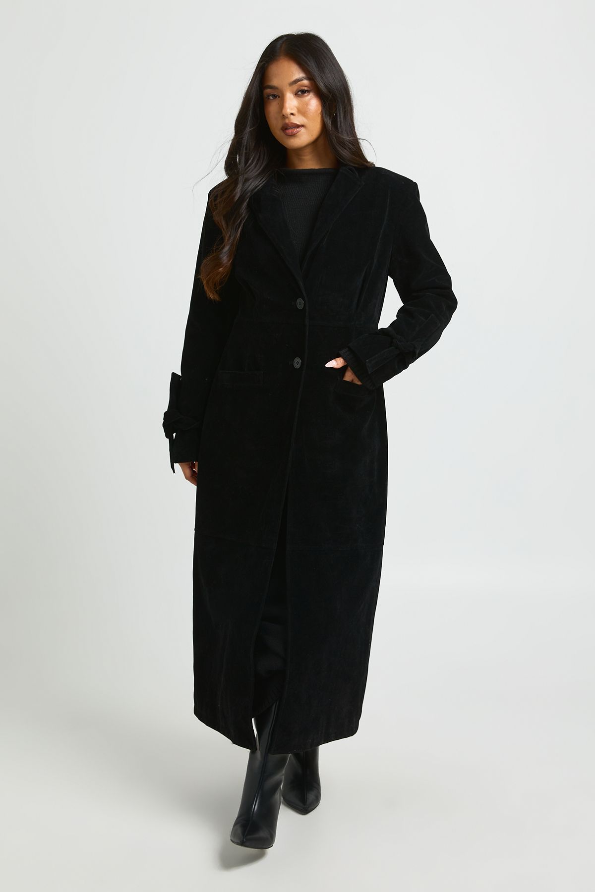 Boohoo Womens Petite Faux Suede Cinched Longline Coat - Black