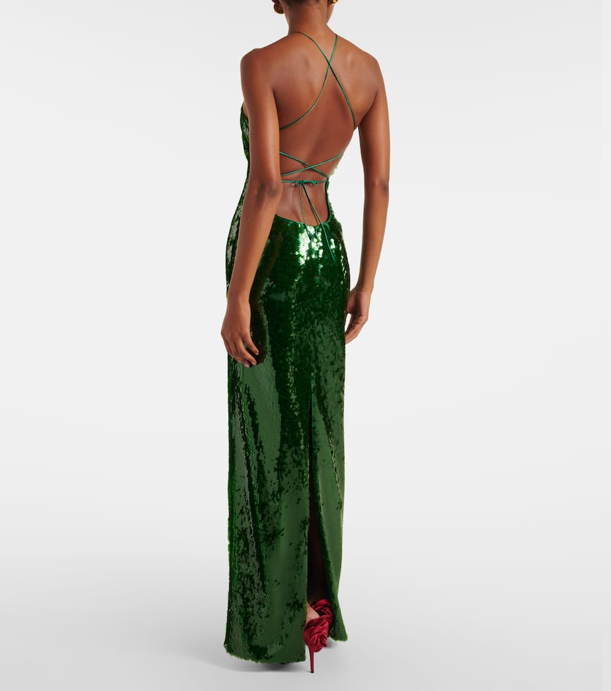 Floral-appliqué sequined halterneck gown