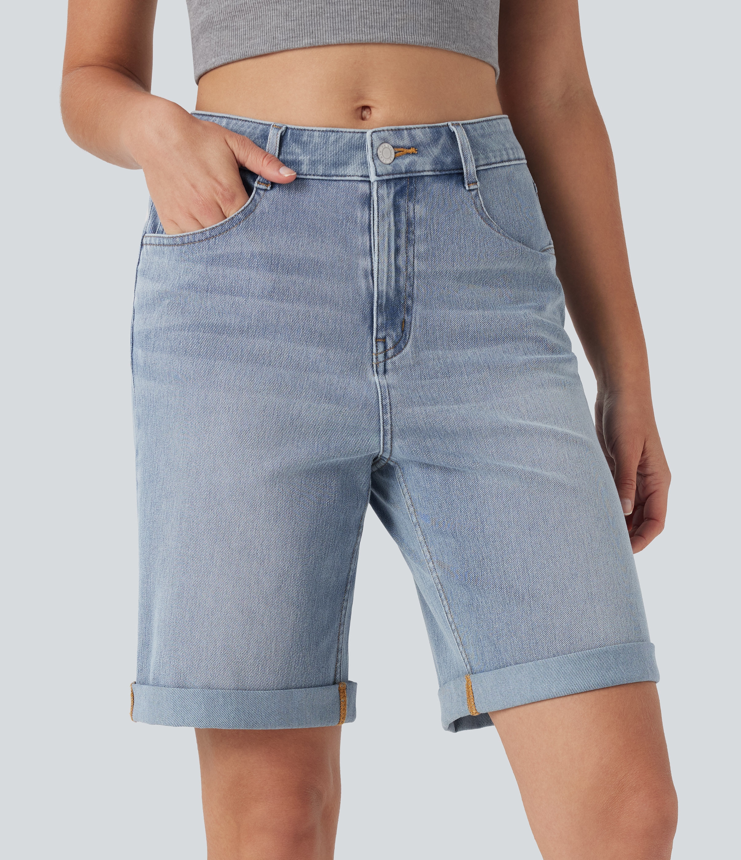 Flex™ High Waisted Pockets Rolled Hem Washed Denim Casual Bermuda Shorts  - Malibu Blue Denim