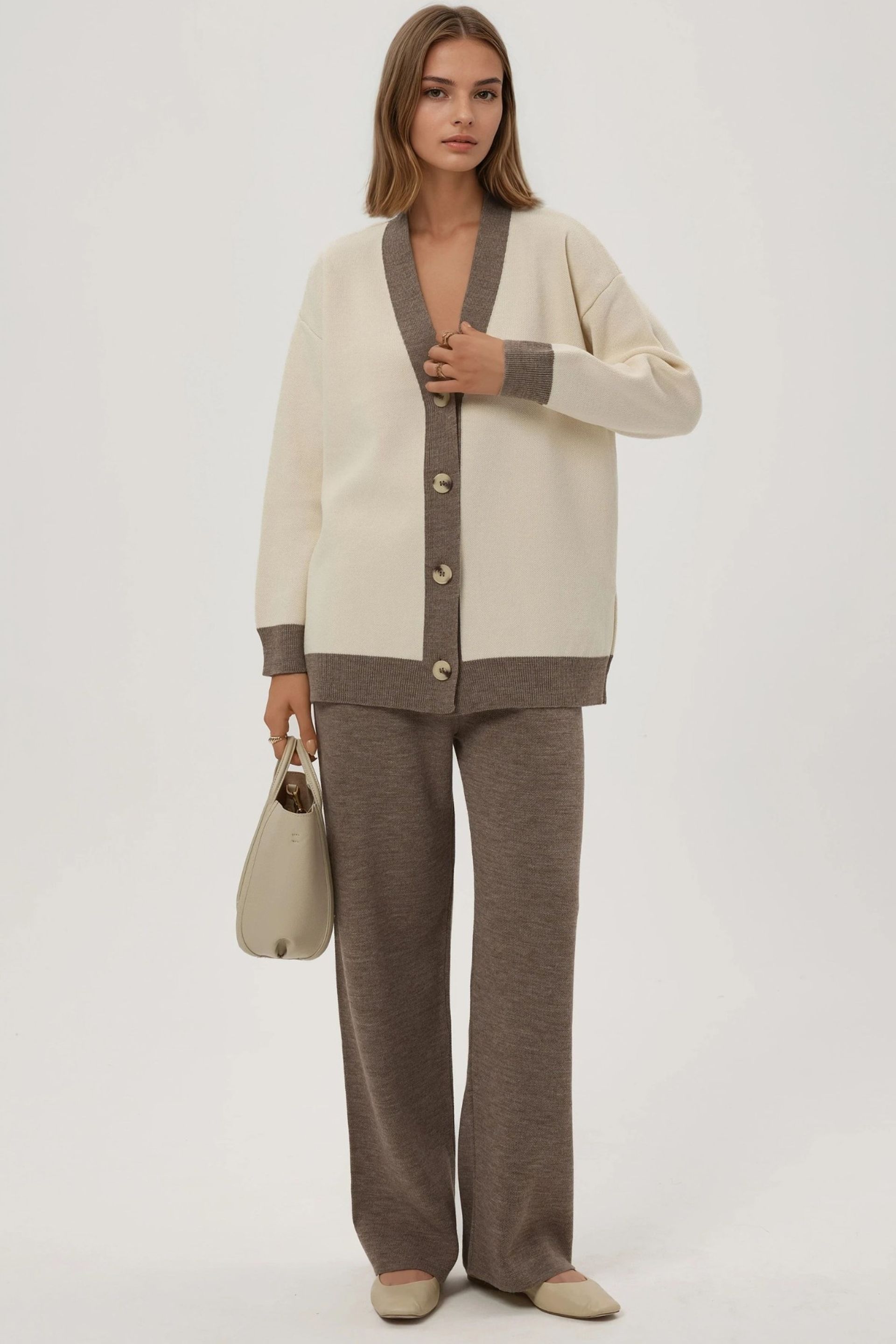 Natural Buttoned Cardigan & Textured High Waist Knit Pants Co-ord Set Women