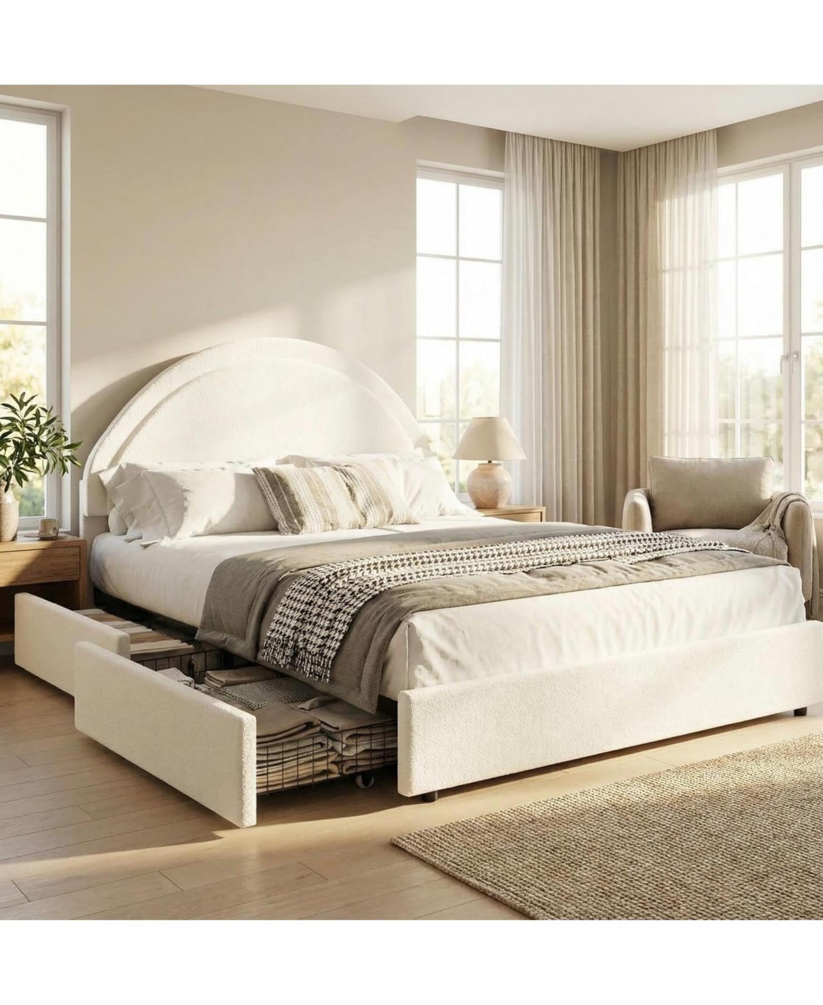 Queen Bed Frame with Storage Drawers, Boucle Upholstered Platform, Round Headboard, Heavy-Duty, Noise-Free, No Box Spring, White - White