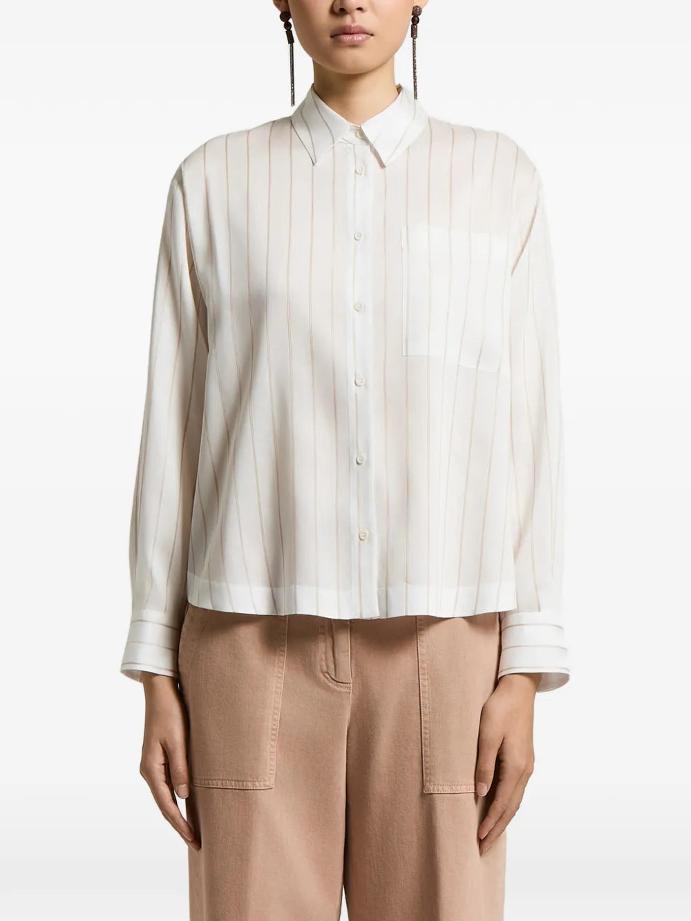Vertical-Stripe Chest-Pocket Shirt — Beige