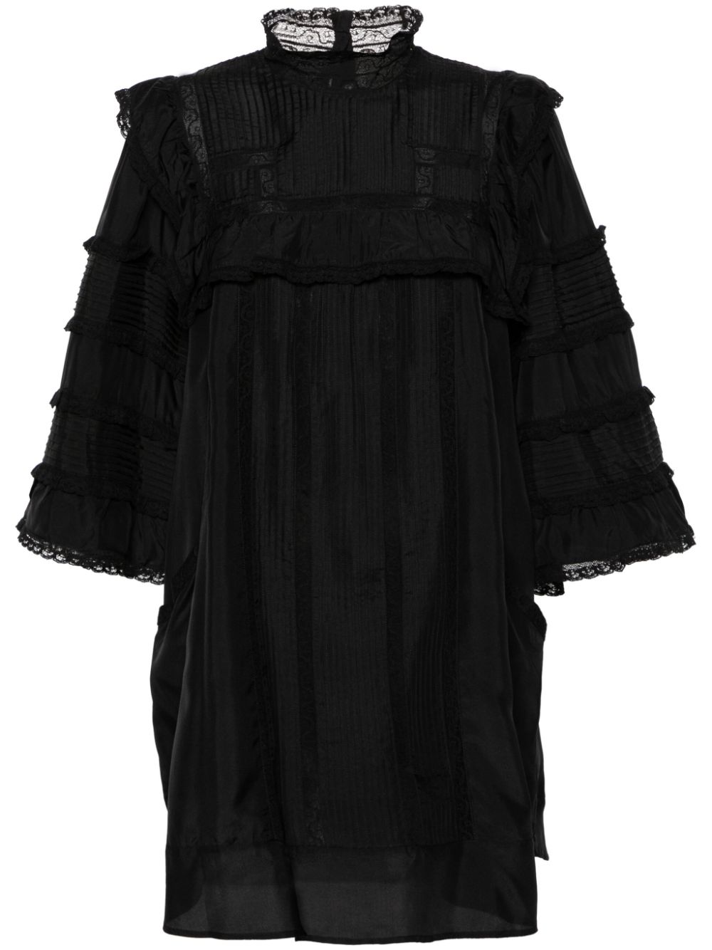 Pintuck lace-panels silk dress - Black