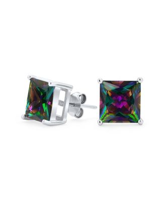 Square Black Mystic Rainbow Princess Cut Cubic Zirconia Cz Stud Earrings .925 Sterling Silver