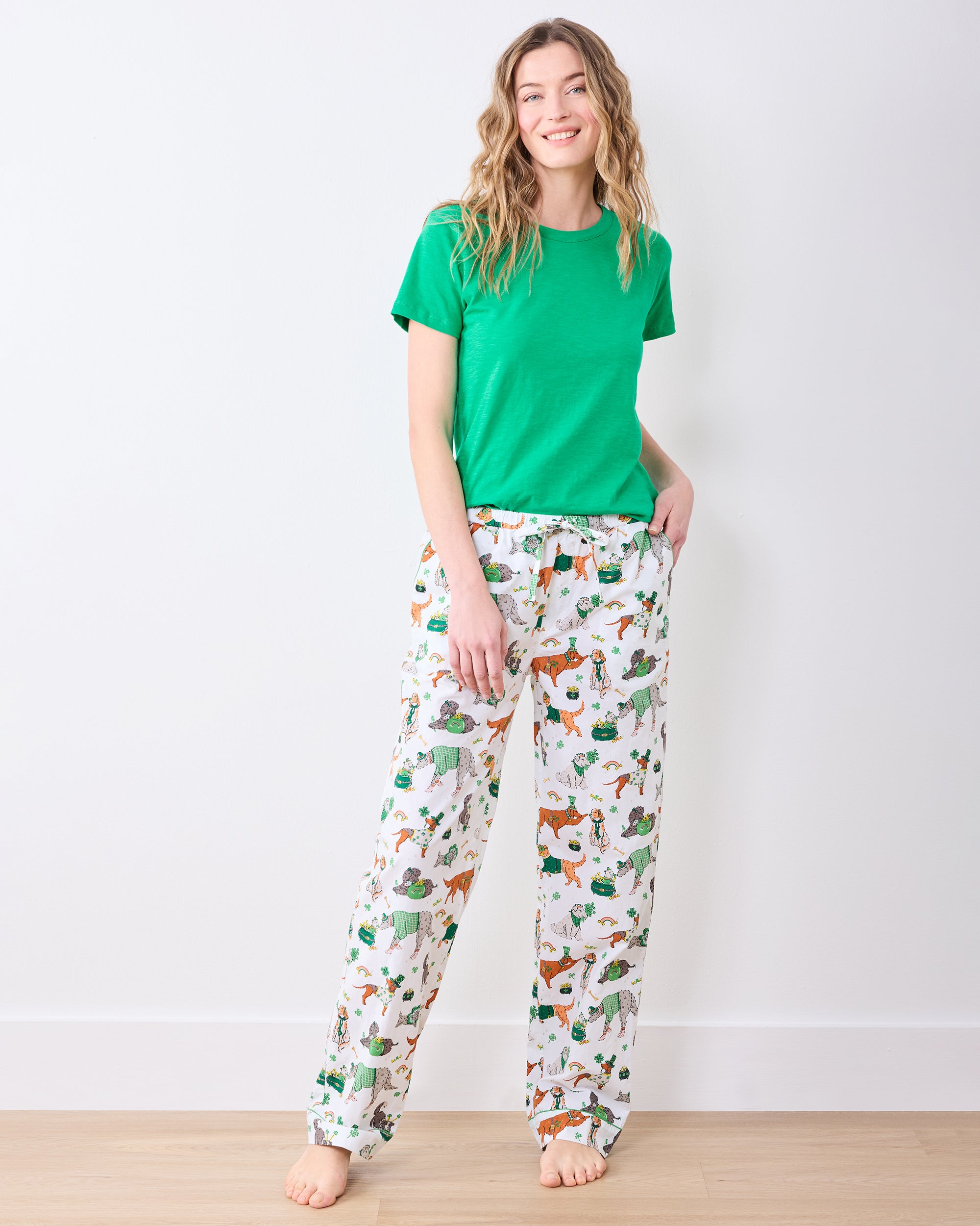 Organic Cotton Long Pajama Pants in Lucky Paws | Women's Tall L/T | White St. Patrick's Day | Sleepwear