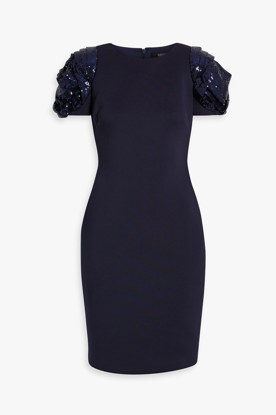 Sequin-embellished tulle-paneled scuba mini dress