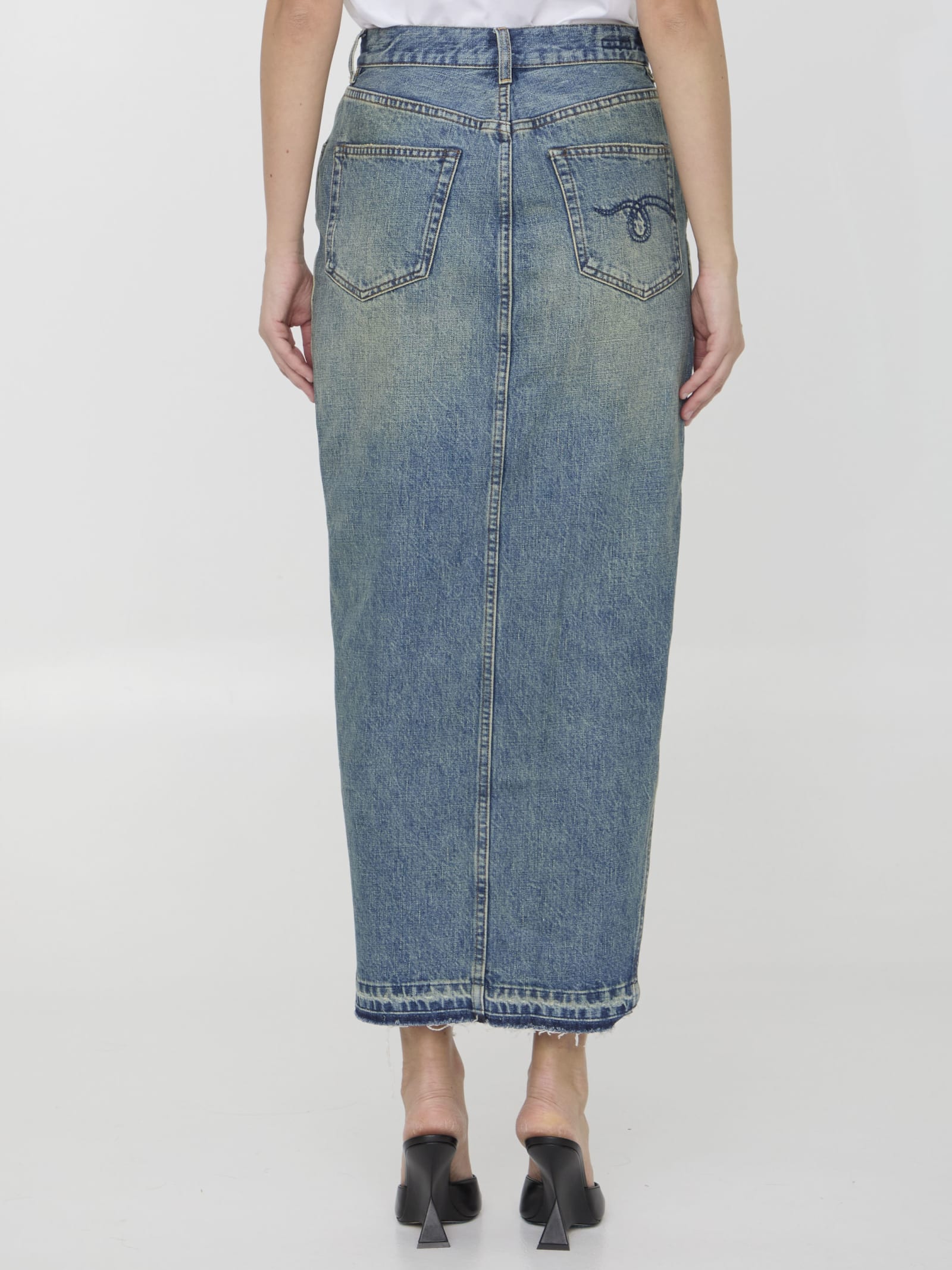 Side-slit denim midi skirt - Blue