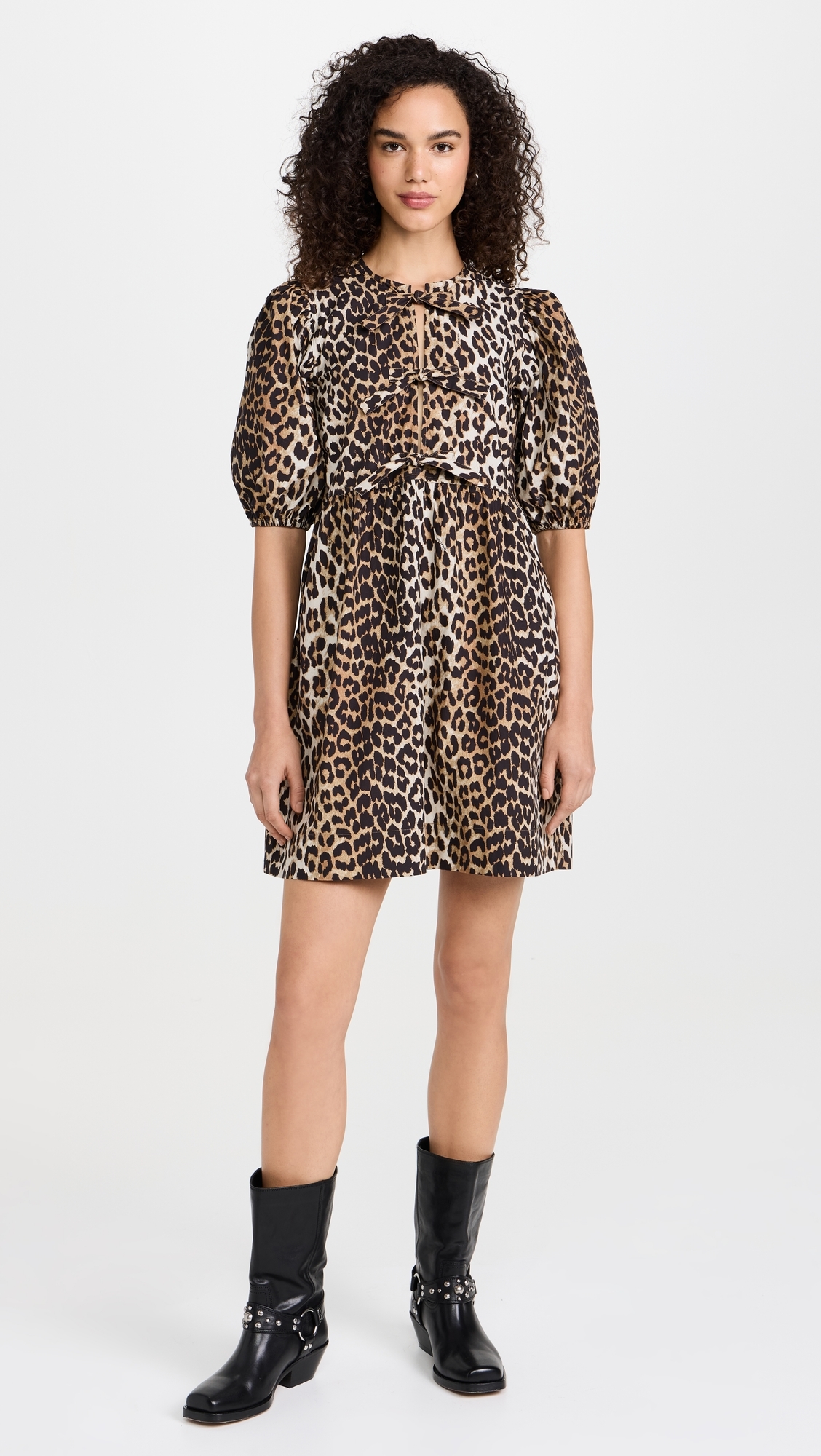 Cotton Poplin Tie String Mini Dress Leopard