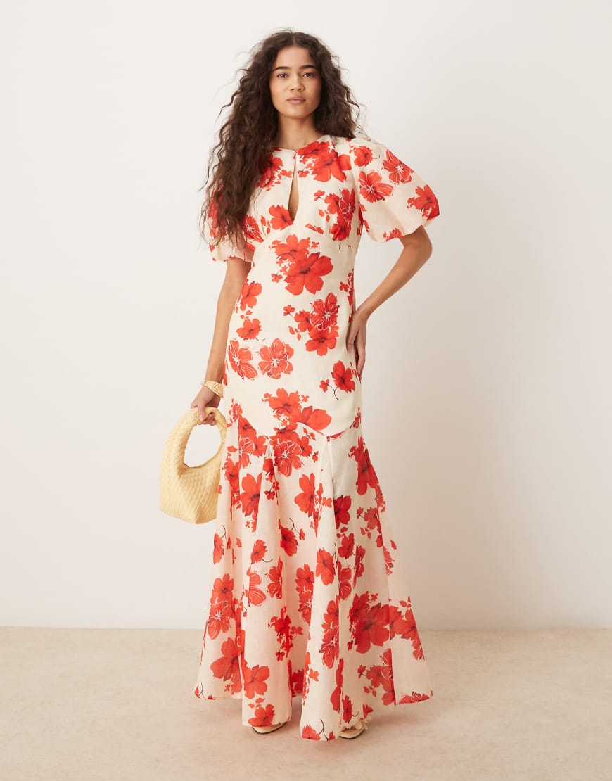Lottie printed linen puff sleeve dress in red floral