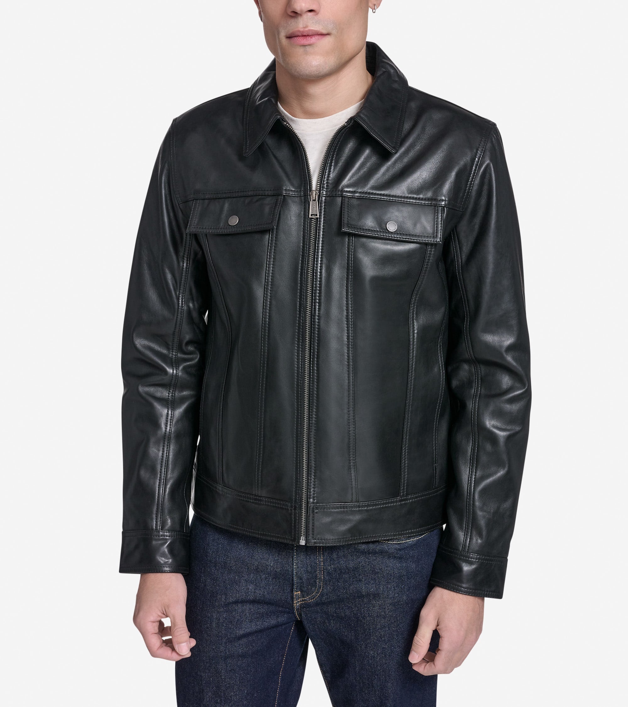 Men's Leather Trucker Jacket - Black