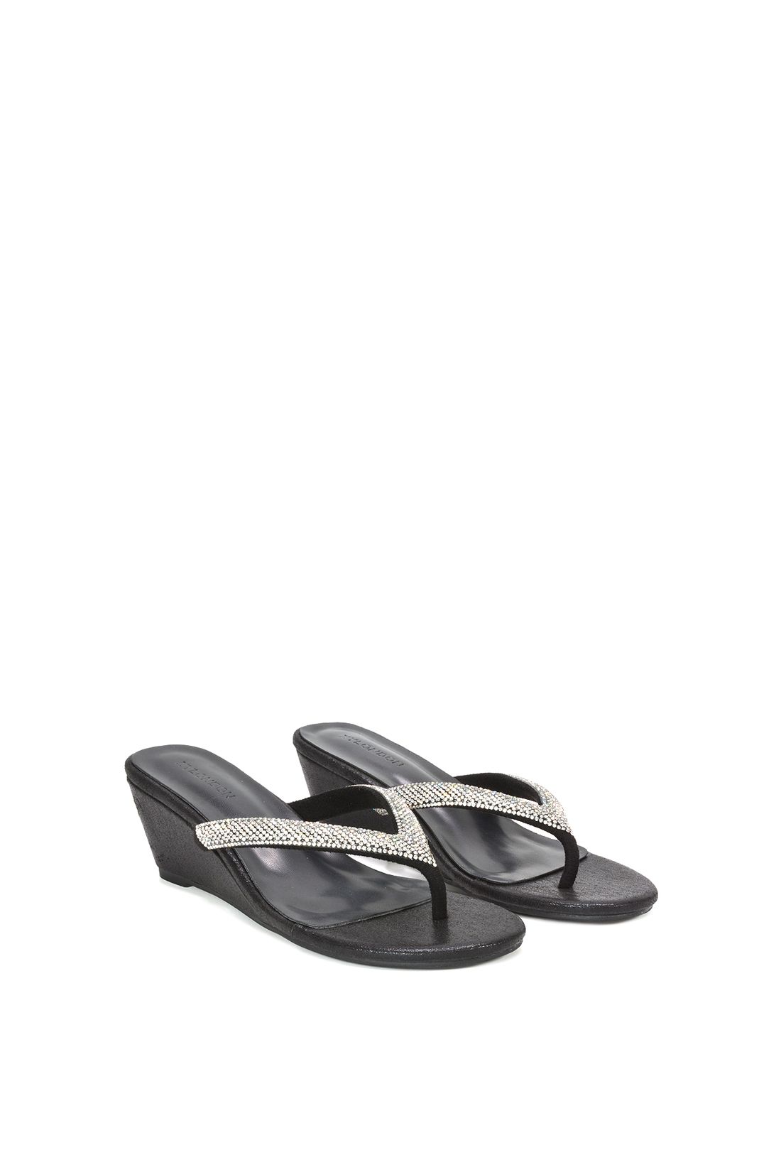 XY London Women's 'Nina' Wedge Heel Sandal Mules w/ Diamante Thong Strap in Black