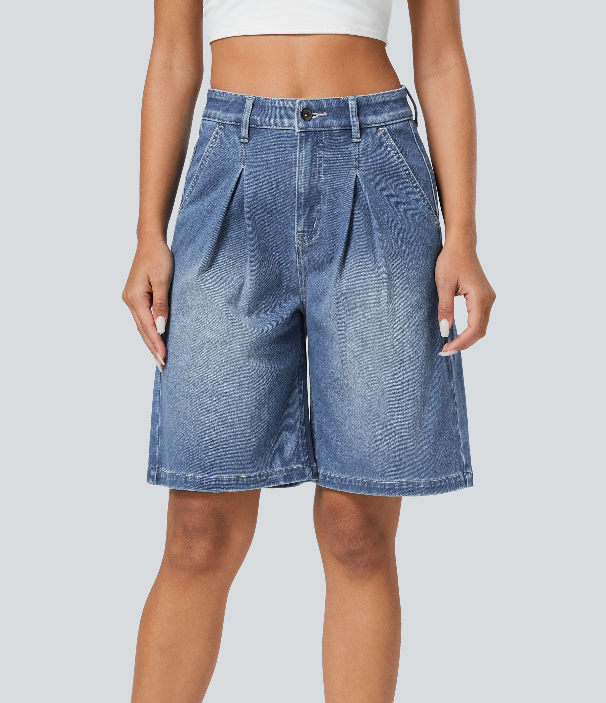 Flex™ High Waisted Zipper Pockets Washed Denim Casual Shorts  - Aquamarine Denim