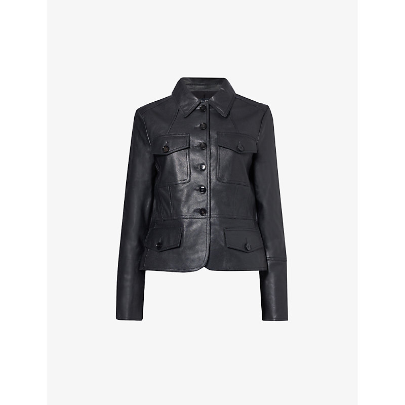 Womens Black Flap-pocket Regular-fit Leather Jacket