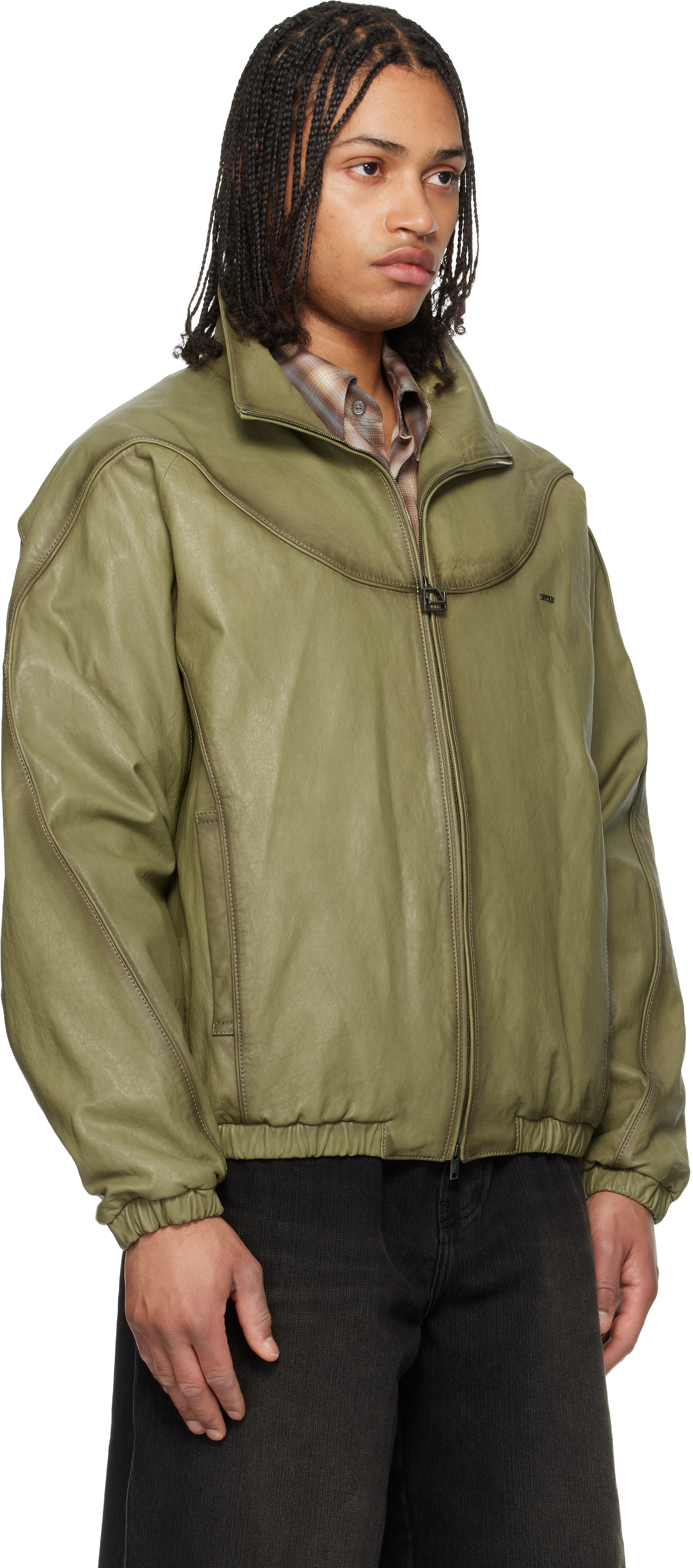 Khaki High Neck Leather Jacket