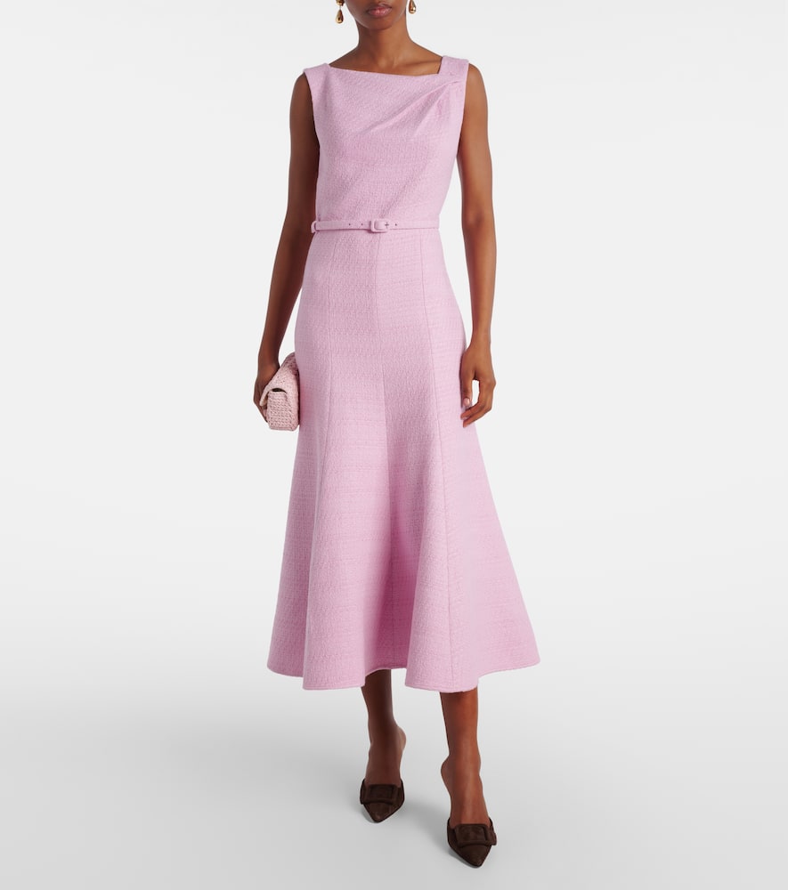 Asymmetric belted bouclé midi dress