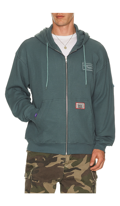 Deva States Cross Waffle Knit Zip Up Hoodie in Blue. M. Also in S, L, XL/1X, XXL/2X