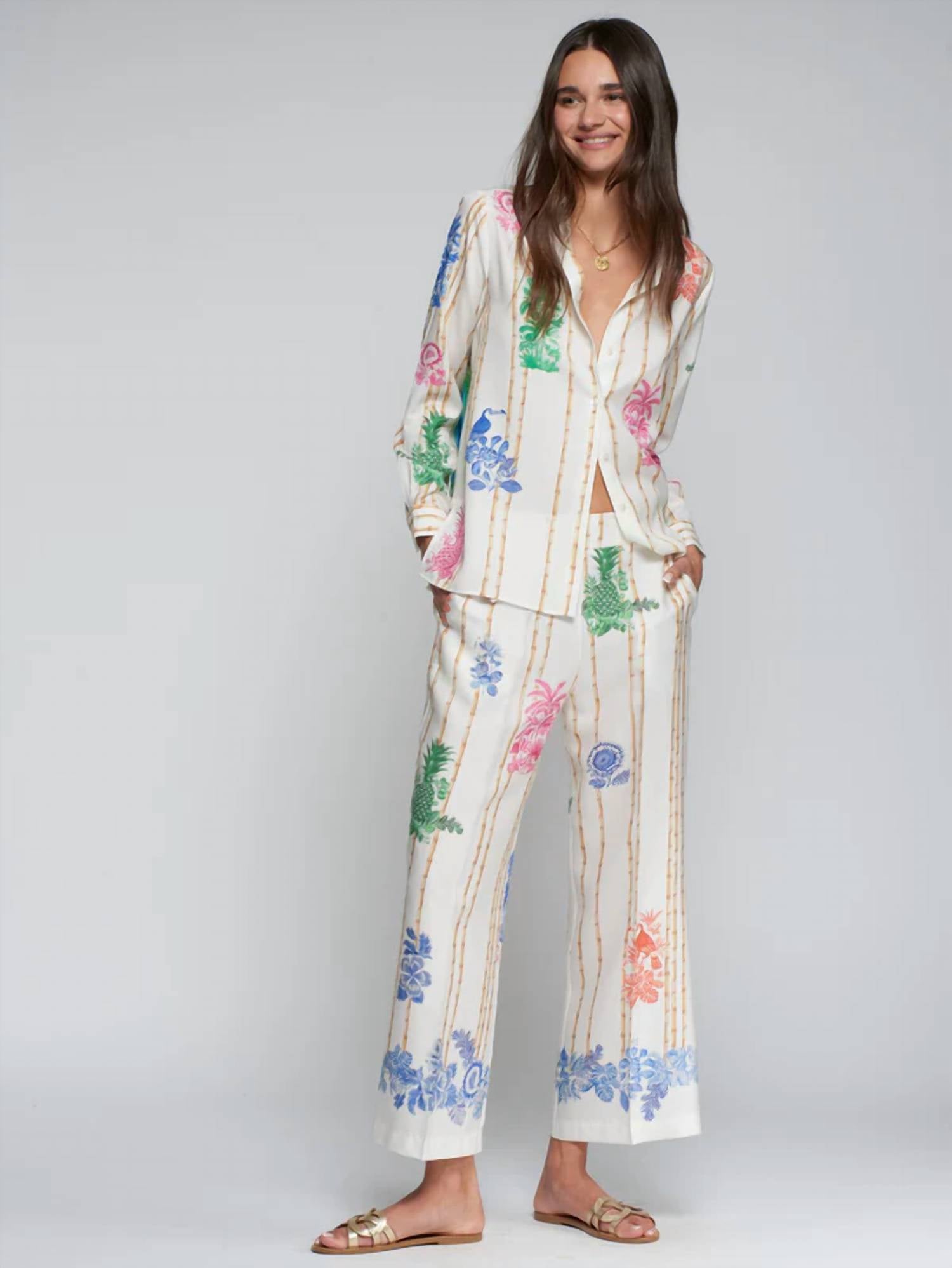 Straight Relaxed Fit Trousers In Bamboo Print