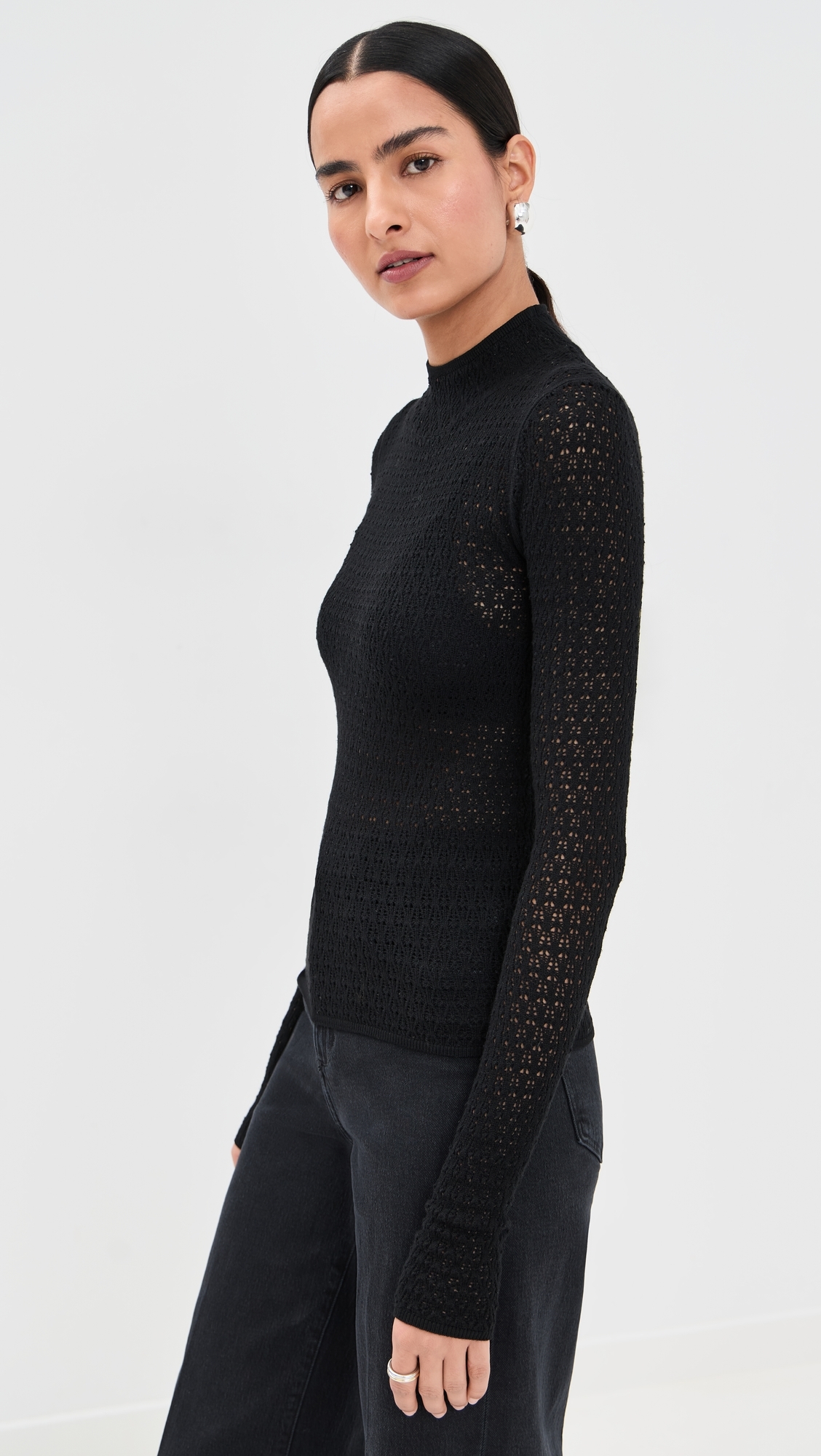 Marlo Lace-Like Fitted Mock Neck Tee Black