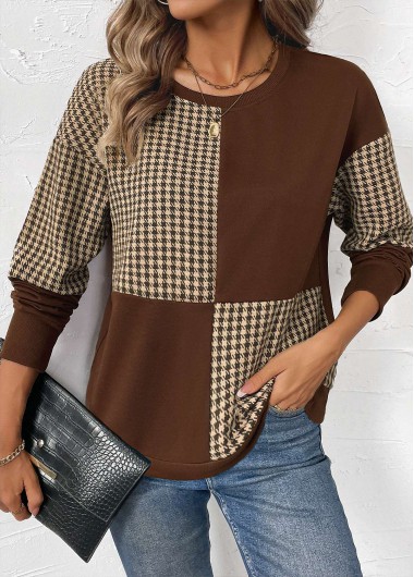 Modlily Dark Coffee Patchwork Plaid Long Sleeve Round Neck Sweatshirt