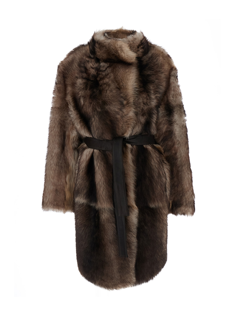 Brown Shearling Coat with High Neck and Front Belt Closure in Fur Woman Jackets Furs - Women