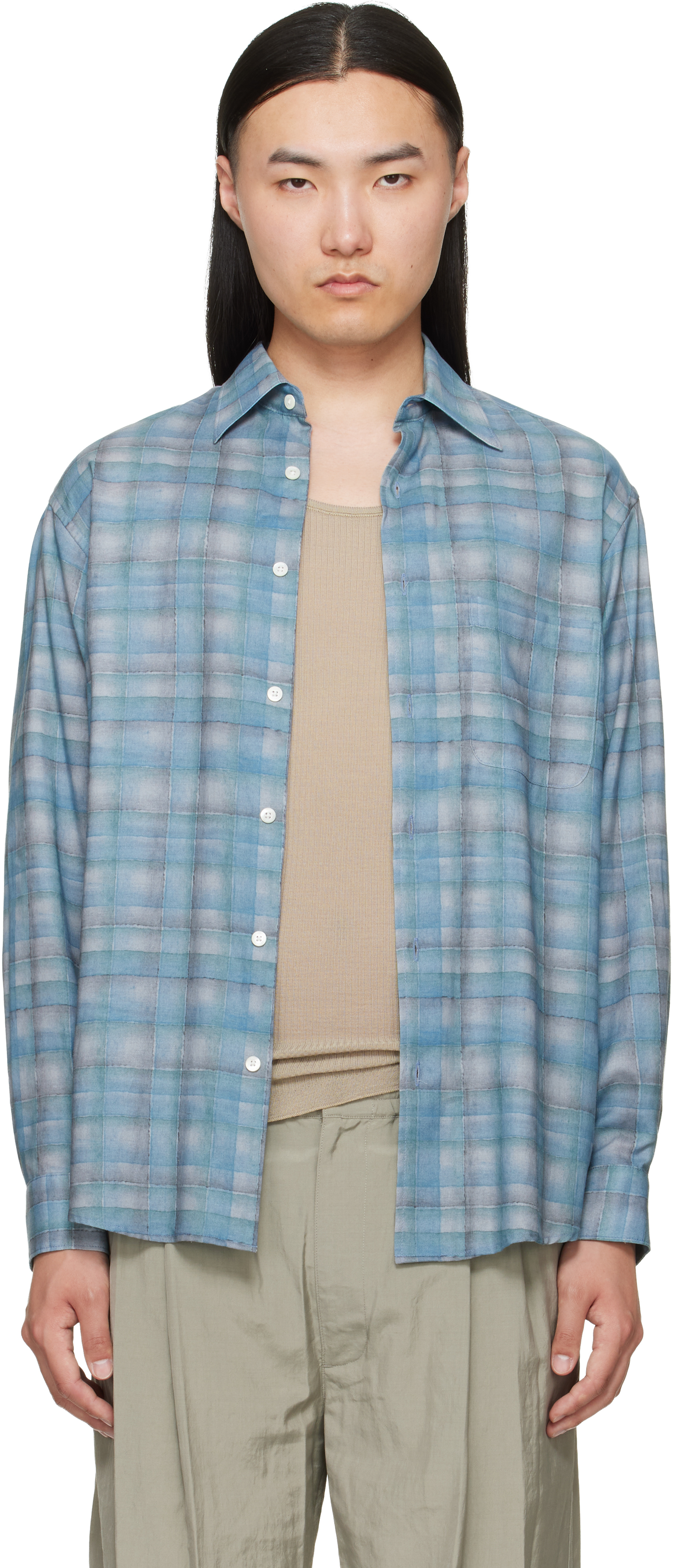 Blue Printed Plaid Cotton Lawn Shirt
