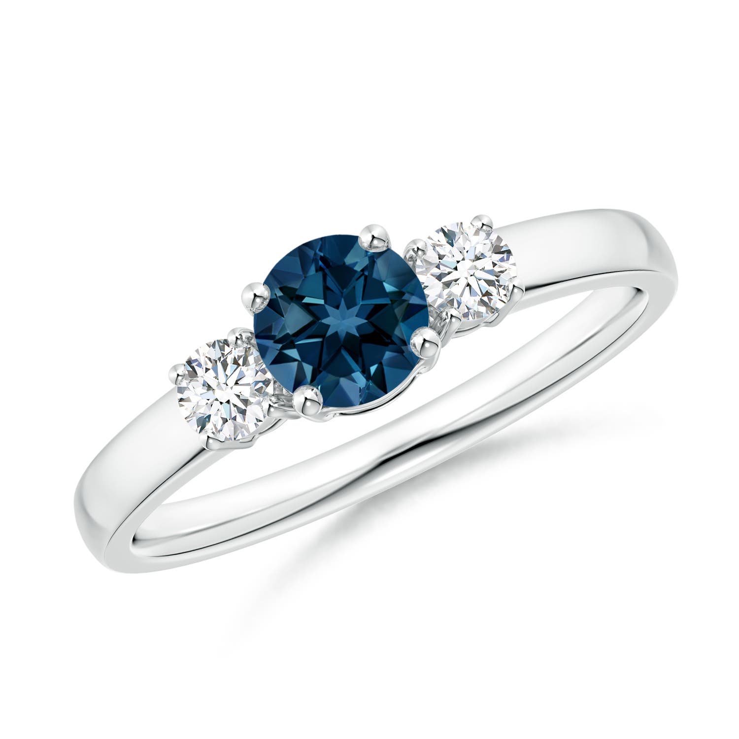 Angara 0.6 Carat Classic Round London Blue Topaz and Diamond Three Stone Engagement Ring in Platinum