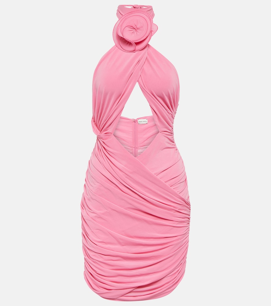 Floral-appliqué ruched minidress