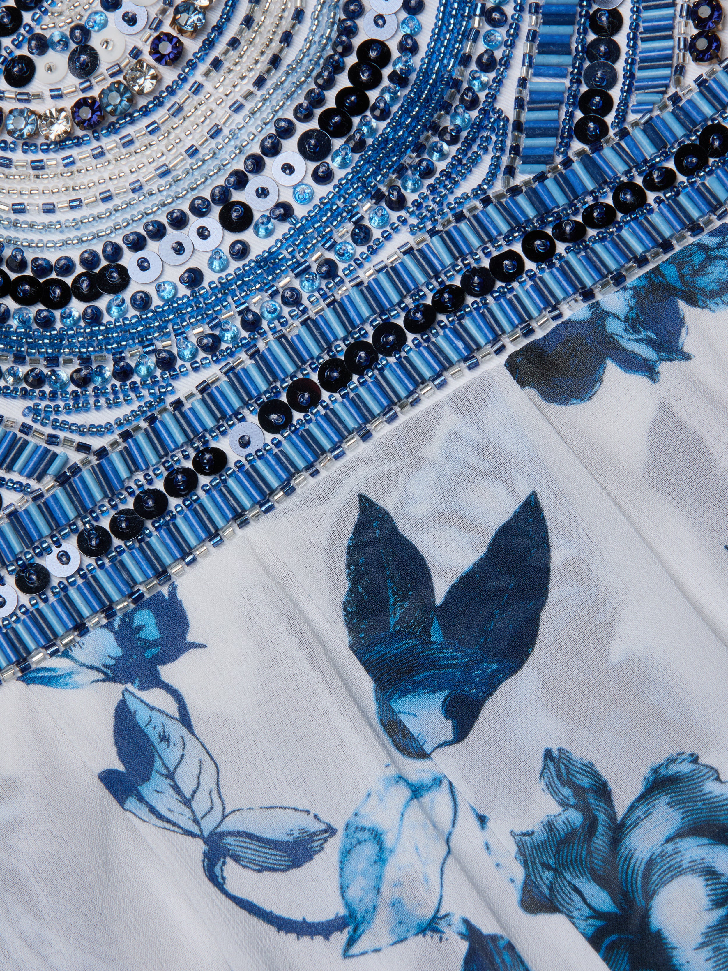 Annistyn Embellished Floral Gown In White/Blue Painterly Floral
