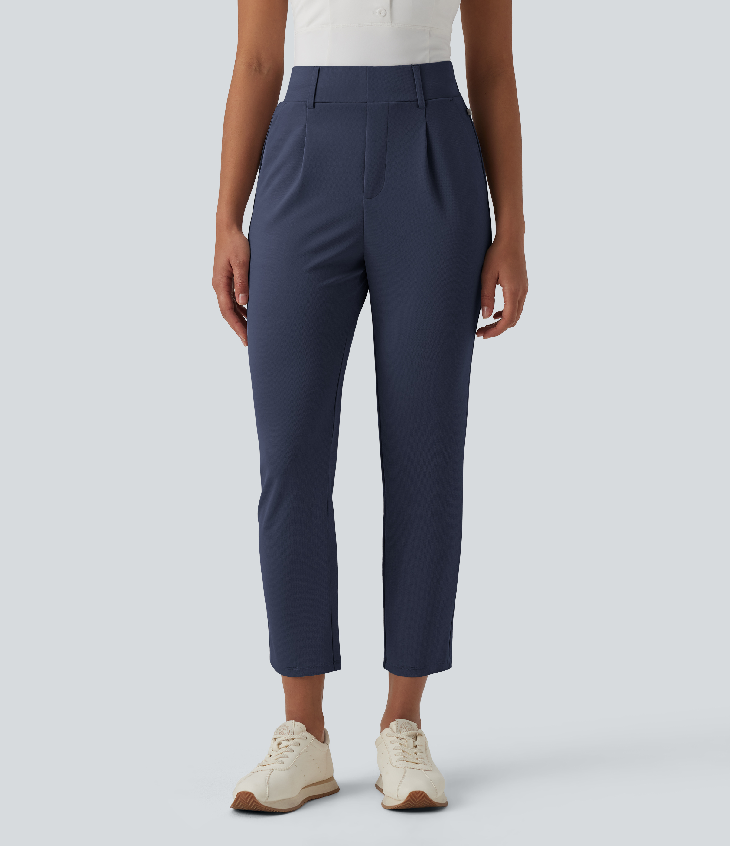 High Waisted Tapered Crepe Golf Pants with Pockets  - Mood Indigo