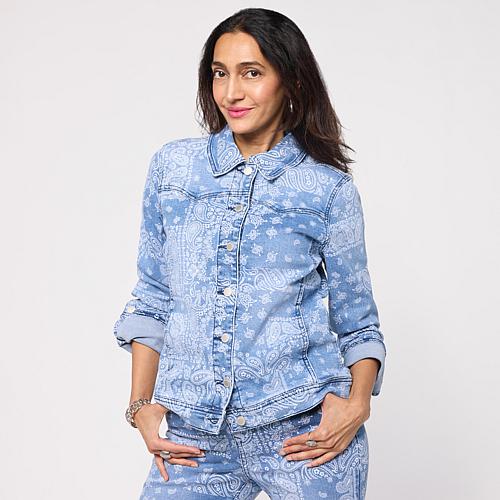 Classic Stretch Scarf Print Denim Jacket - Blue