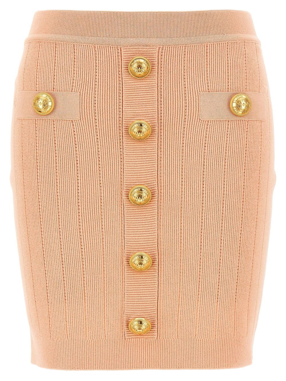Gold-Button Ribbed Knit Skirt — Powder Pink