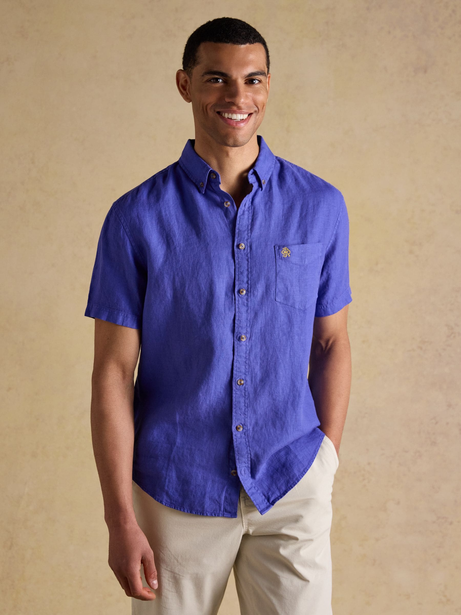 Blue 100% Linen Short Sleeve Classic Fit Shirt