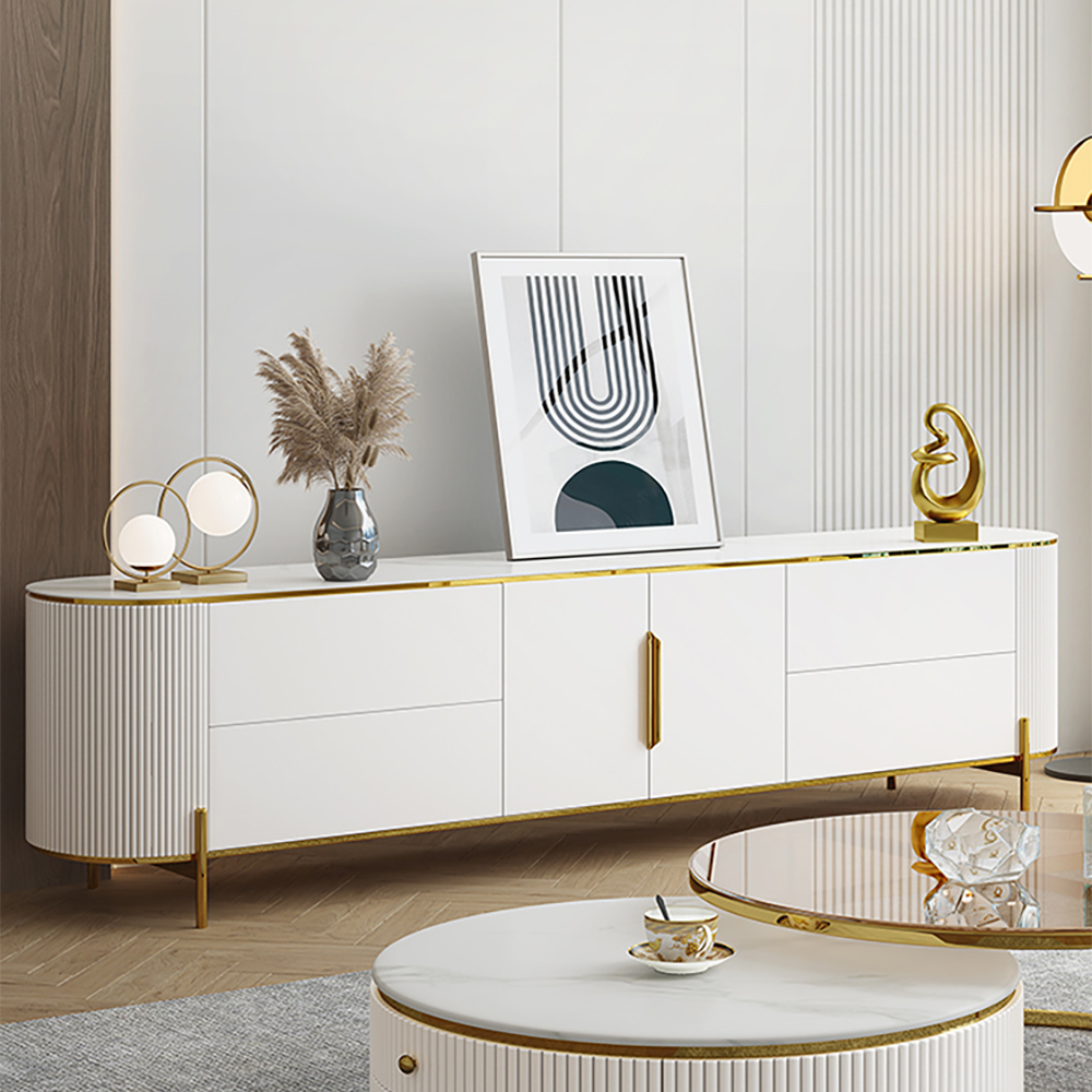 220 cm Modern Elegant Oval TV Console with Drawers & Doors in White