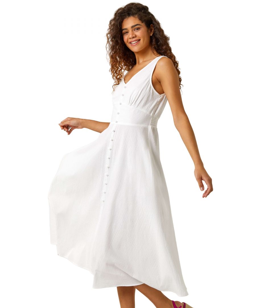 Roman Womens Sleeveless Button Detail Cotton Midi Dress - White