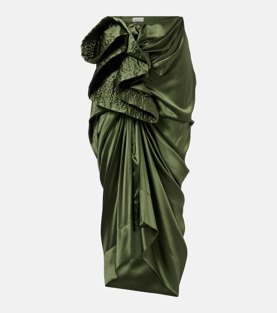 Gathered silk-blend satin midi skirt