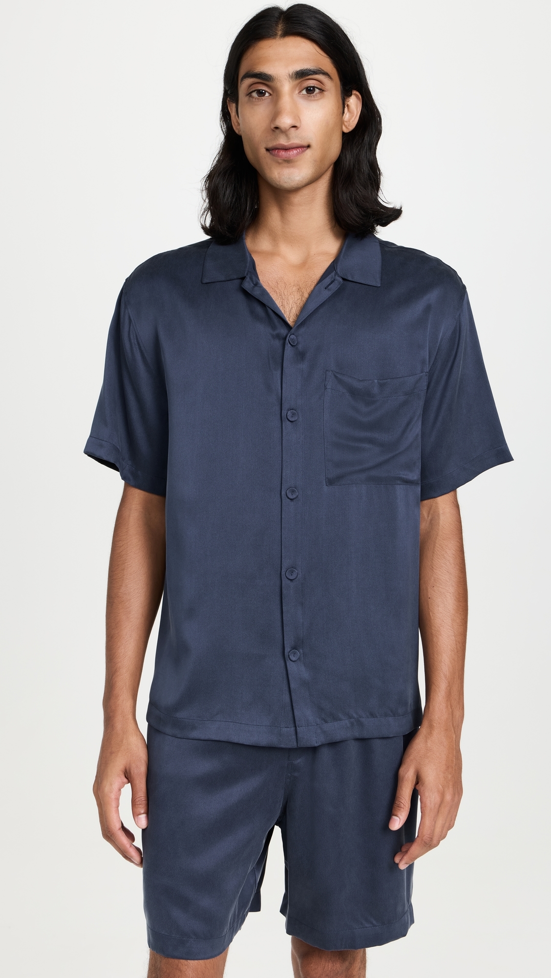 Washable Silk Button Up Short PJ Set Deep Blue