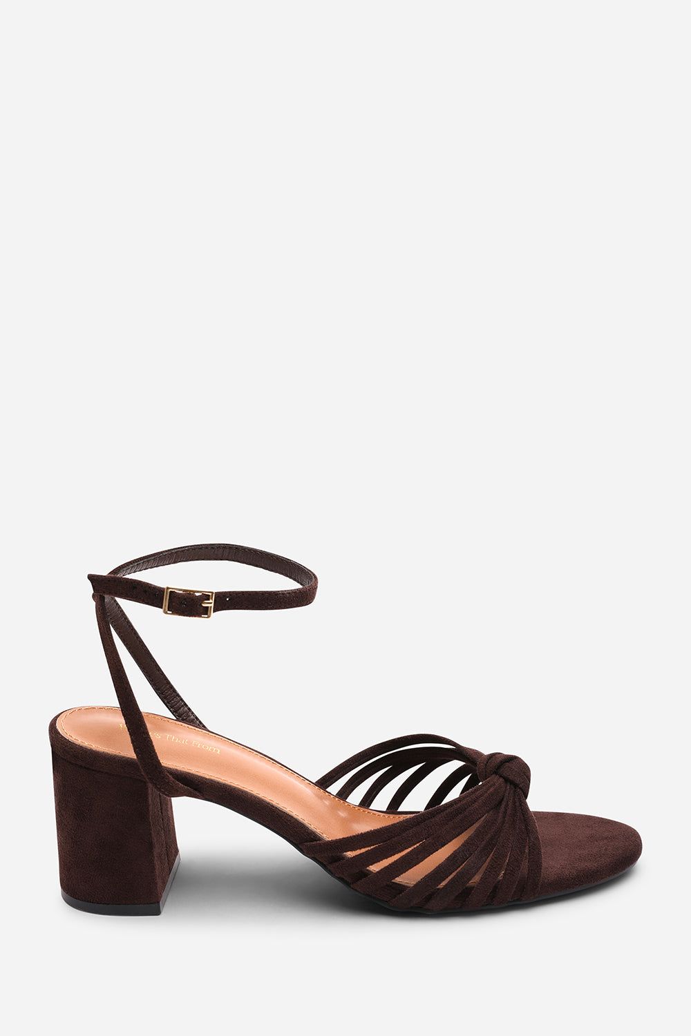 Where's That From Blossy Knotted Block Heel Sandal With Ankle Strap Suede In Dark Brown