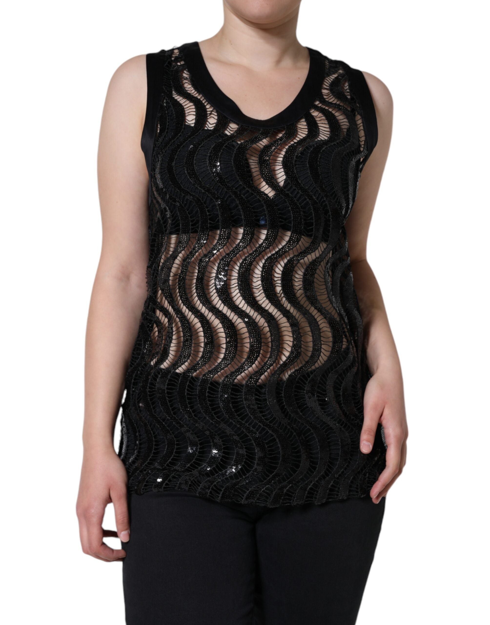 Sequined Lace Tank Top — Black