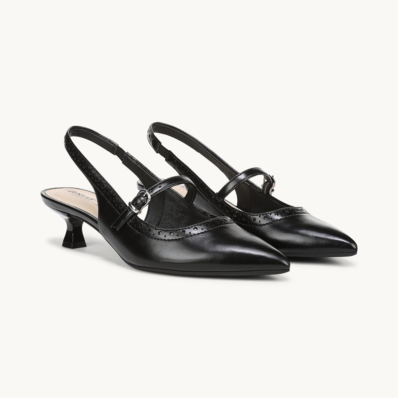 Stride Marilyn Slingback Kitten Heel Shoes Black Smooth Faux Leather