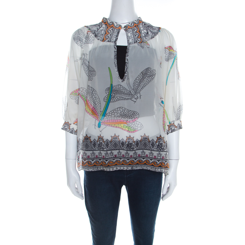 Matthew Williamson Off White Dragonfly Printed Silk Chiffon Sheer Blouse