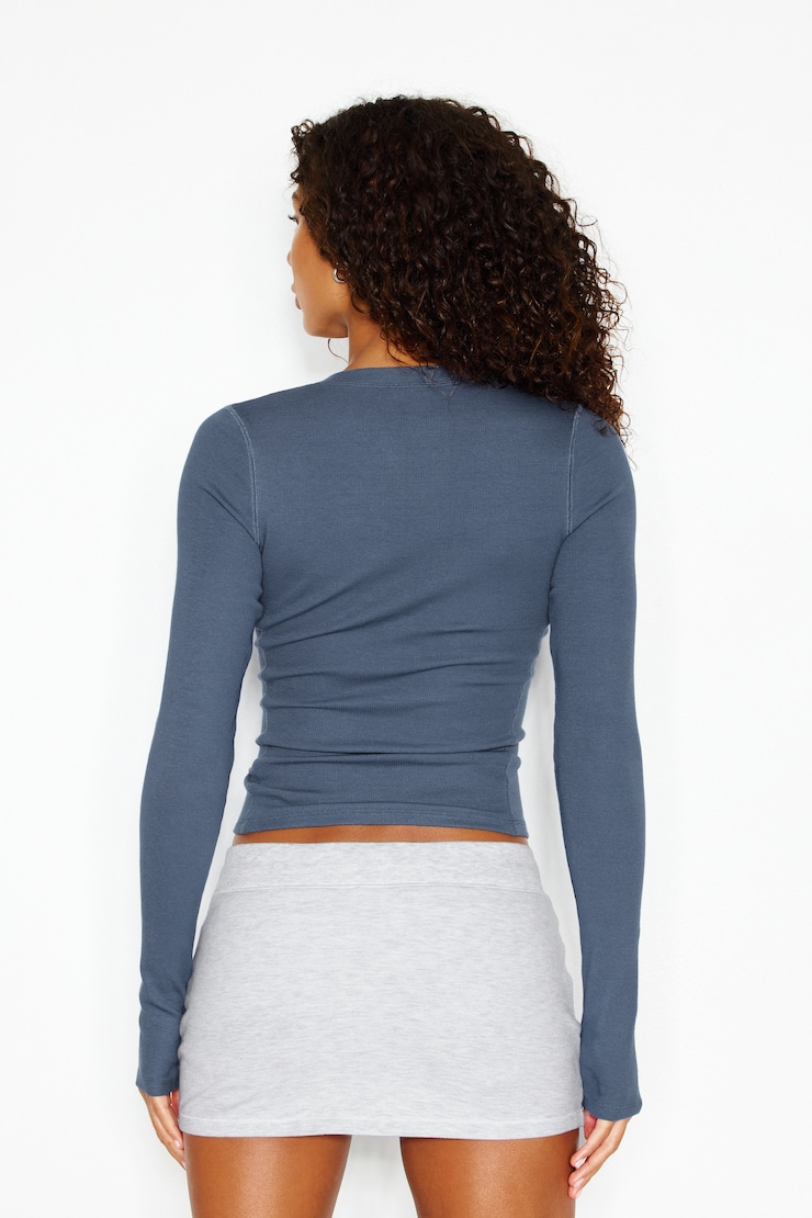 SnatchRib Crewneck Henley Long Sleeve Top - Blue - Women Clothing