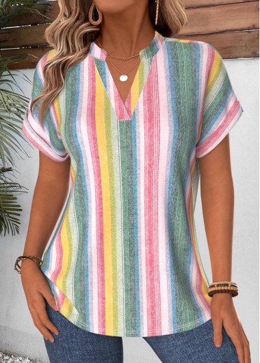 Modlily Multi Color Striped Curved Hem Short Sleeve Blouse