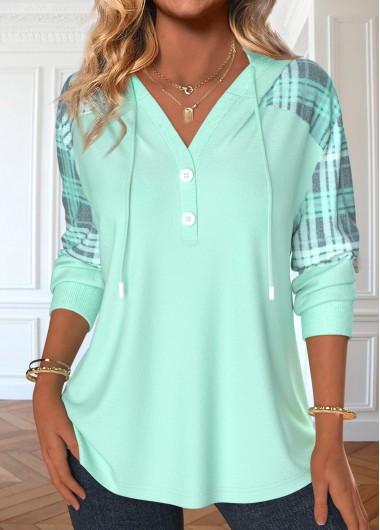Modlily Light Green Patchwork Plaid Long Sleeve Hoodie