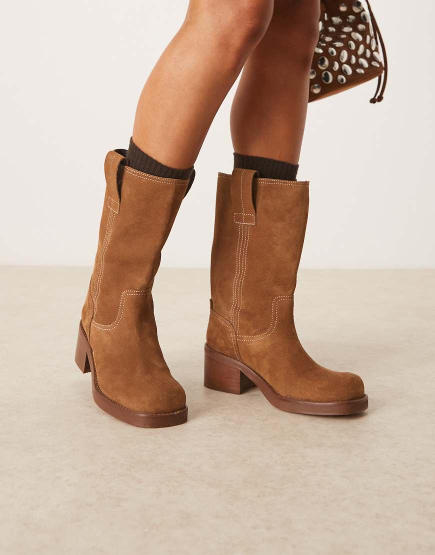 Caspia premium suede trucker pull on boots in tan-Brown