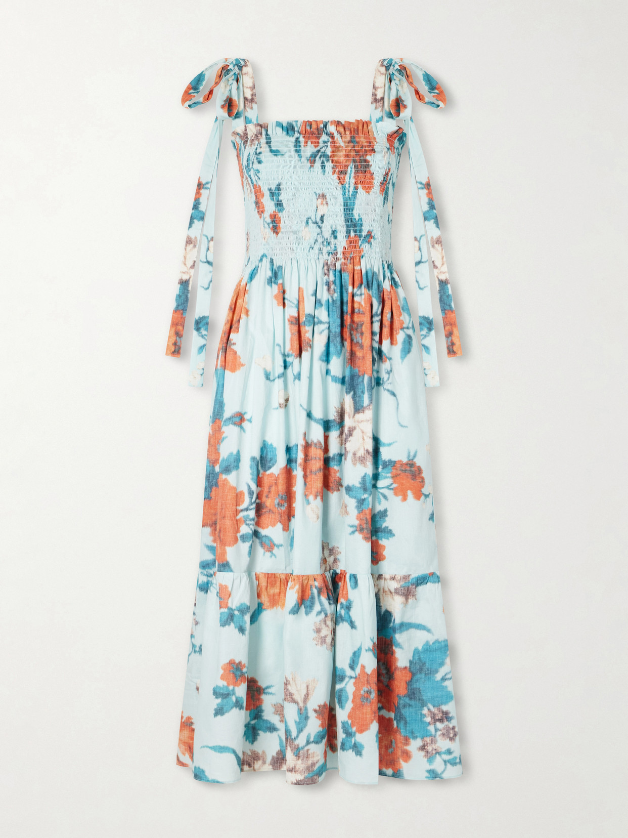 Shirred Floral-print Cotton Midi Dress - Blue