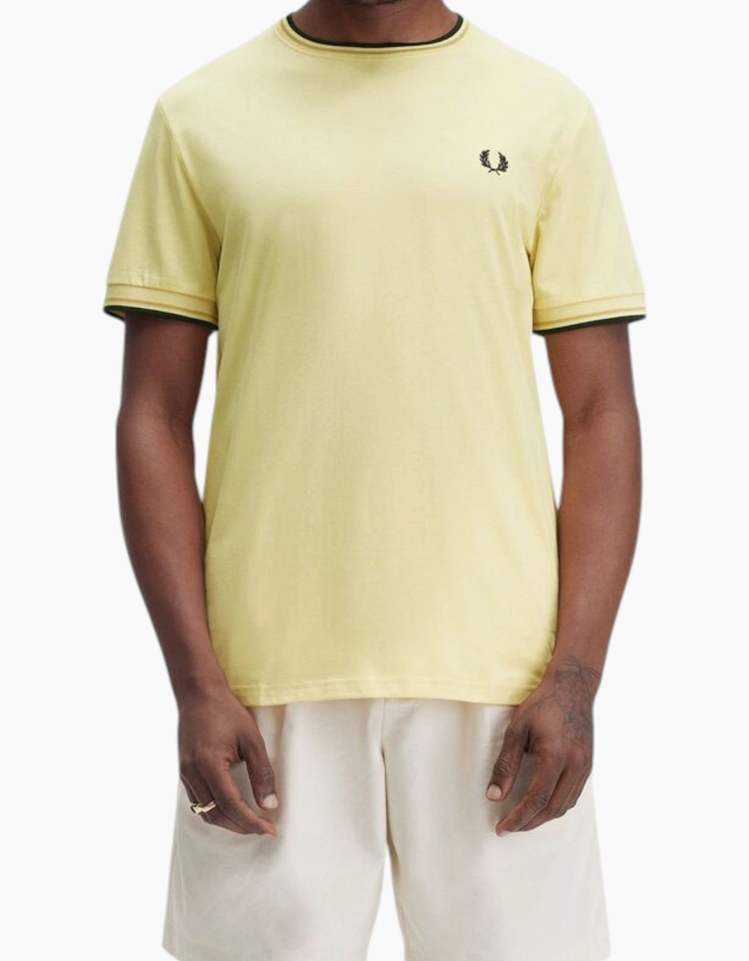 Men's Fred Perry Twin Tipped Mens T Shirt Crew Neck Short Sleeve Summer Tee - Yellow