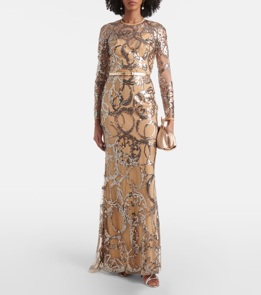 Sequined sheer tulle gown