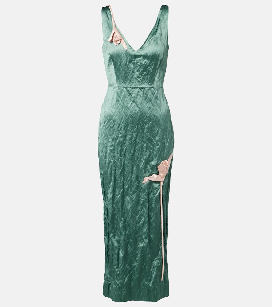Floral-appliqué satin midi dress