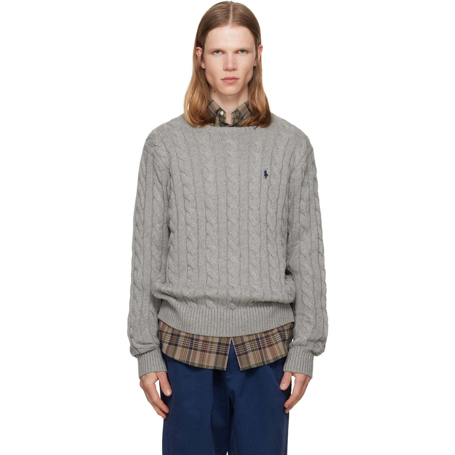 Gray Cable-Knit Cotton Sweater