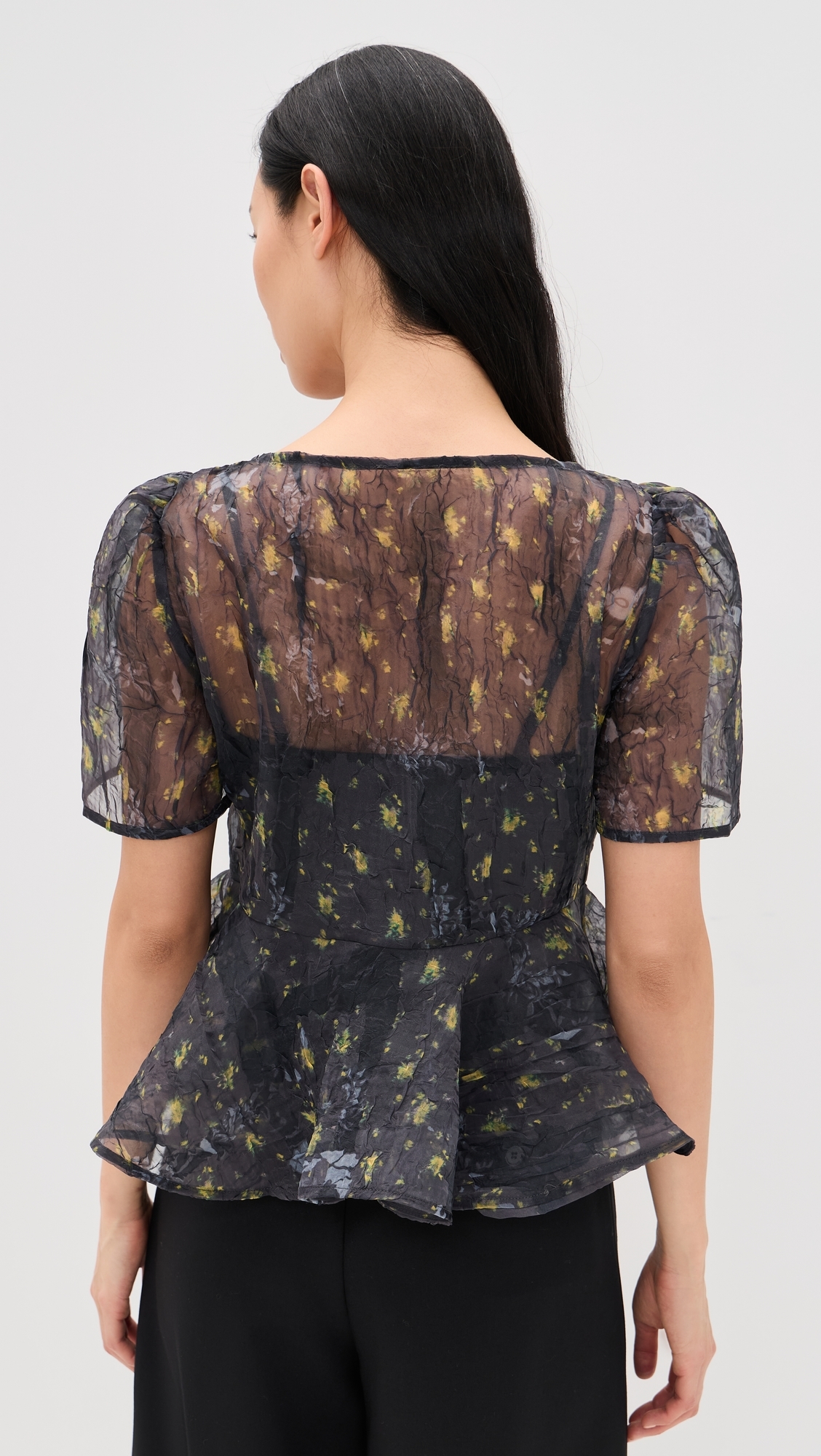 Printed Shibori Organza Sun Cut Peplum Blouse Black Sand